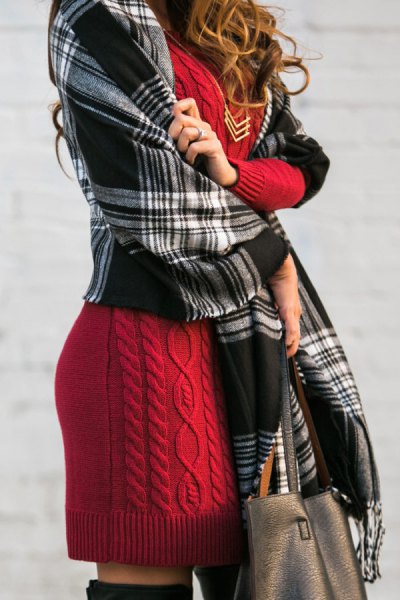 Cable knit dress with a black and gray blanket scarf