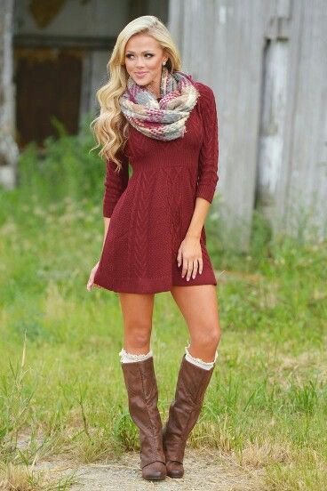 red cable knit mini dress with gray and white scarf