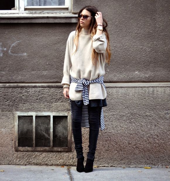white comfortable sweater with collar and striped t-shirt