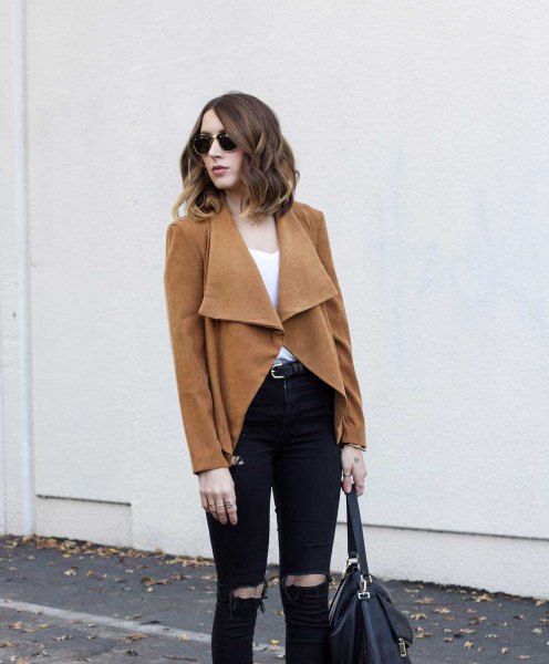 brown blazer coat with black ripped slim fit jeans