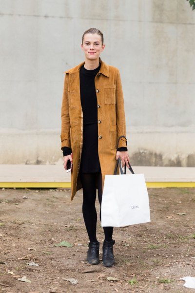 brown suede longline coat with black shift dress