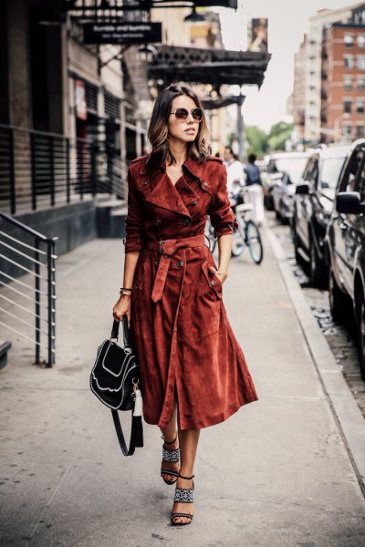 brown suede coat dress with belt and black strappy heels