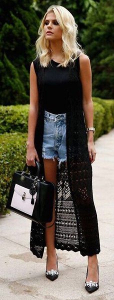 long black crochet cardigan jean shorts