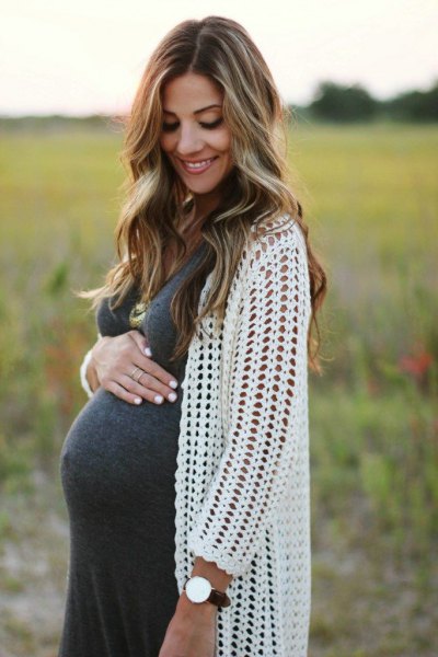 White Maternity Crochet Cardigan