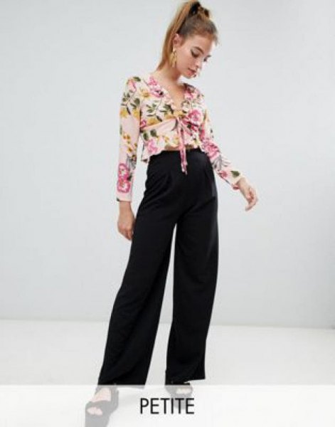 blush pink knotted chiffon blouse with black jeans