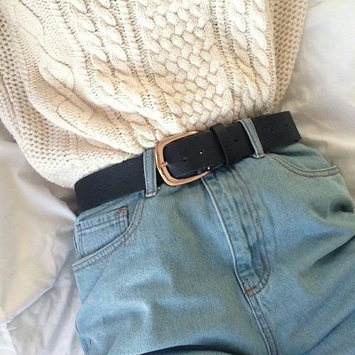 white belted knit sweater and belted mom jean shorts