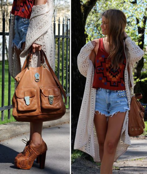 white crochet maxi jacket with red graphic tank top and mom jean shorts