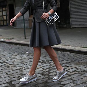 Gray Pleated Wool Mini Skirt with Silver Sneakers