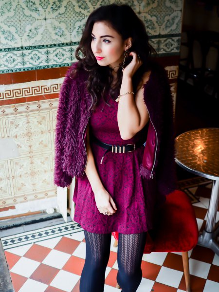 Burgundy lace dress with belt and black faux fur jacket