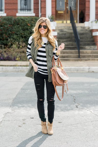 olive green vest white and black striped knit sweater