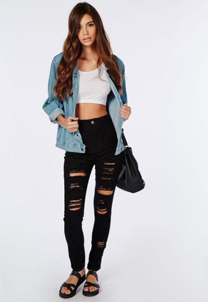 white crop top with blue denim jacket and ripped black skinny jeans