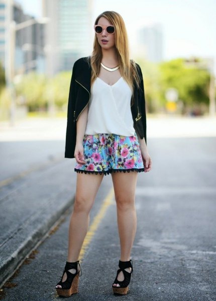 black casual blazer with light blue floral mini shorts