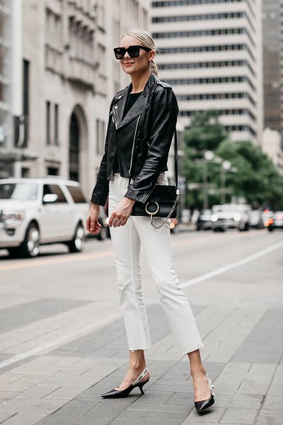 Leather jacket with white cropped slim fit jeans