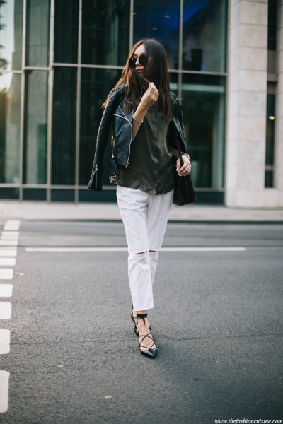 black leather moto jacket with white cropped jeans