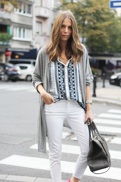 black and white tribal printed shirt with gray cardigan