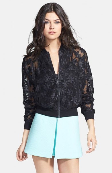 black lace jacket embroidered with floral embroidery and white skater mini skirt