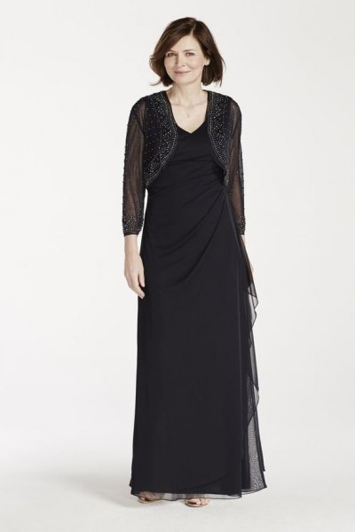 black short mesh jacket with floor-length sheath dress