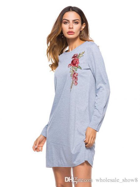 Gray Floral Graphic Long Sleeve Tee Dress
