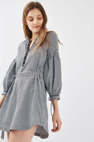 checked mini dress with puff sleeves and belt