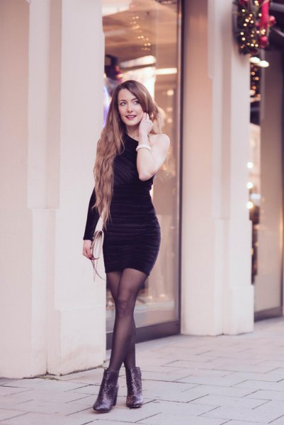 black one shoulder bodycon dress with velvet boots