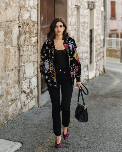 black velvet bomber jacket embroidered with flowers and a scoop neck tank top
