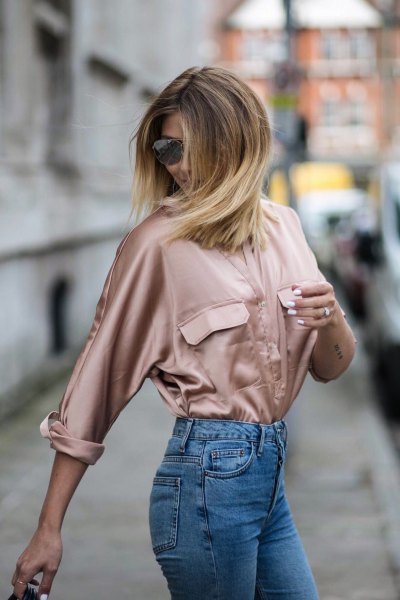 Rose Gold Satin Long Sleeve Shirt with Mama Jeans