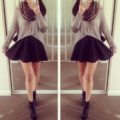 gray loose-fitting sweater with scarf and black mini skirt