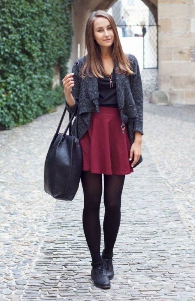 gray cropped wool jacket with high waist burgundy skater skirt