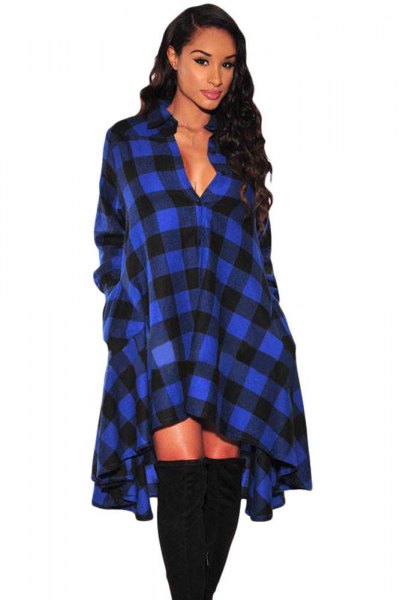 blue and black checkered high low shirt