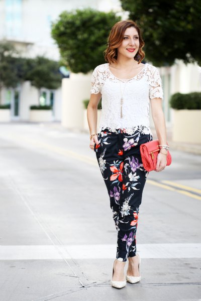 white crochet top black floral pants