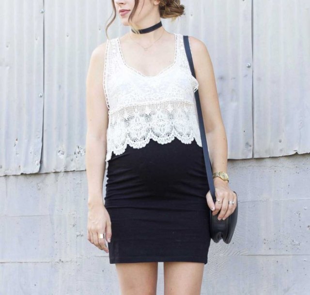 white semi-transparent crochet vest, black pencil skirt