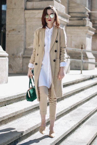 white shirt dress and tan cropped chinos