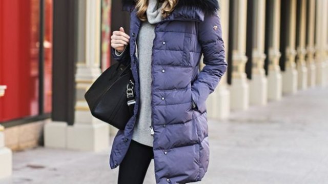 purple long bubble coat with gray cowl neck sweater