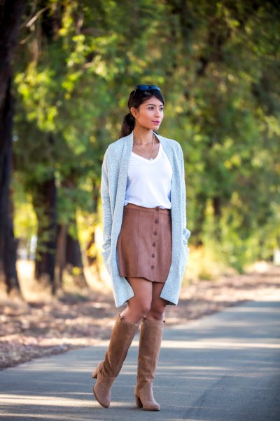 brown suede knee high boots leather skirt cardigan