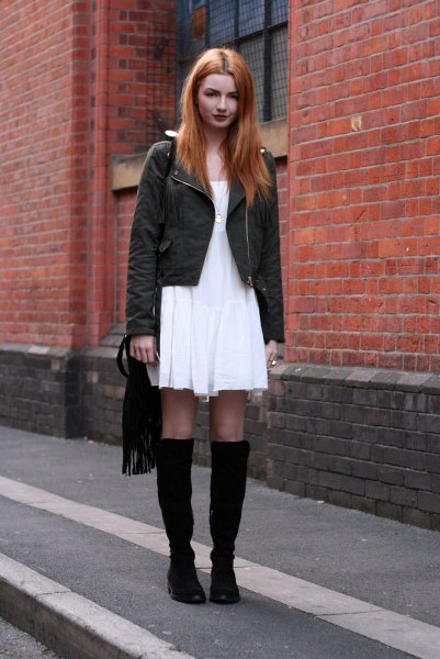 white airy dress black knee high boots