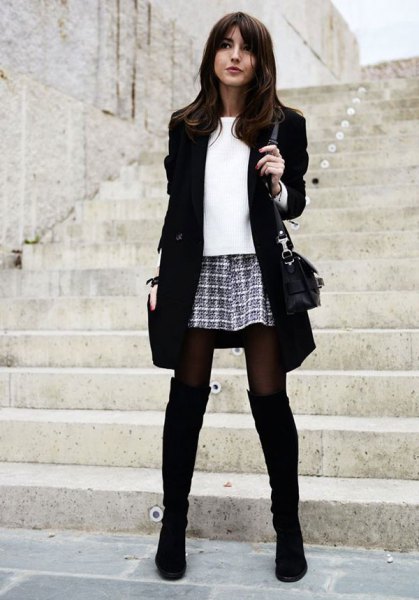black boot blazer plaid mini skirt