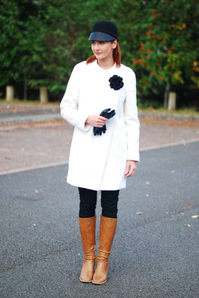 brown leather knee high boots wool coat outfit