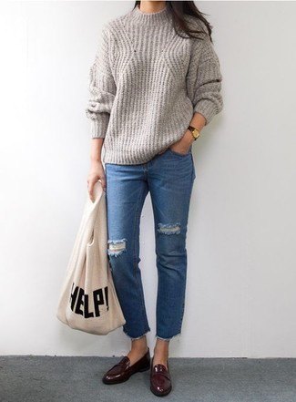 gray ribbed crew neck sweater, blue cropped jeans and burgundy slippers