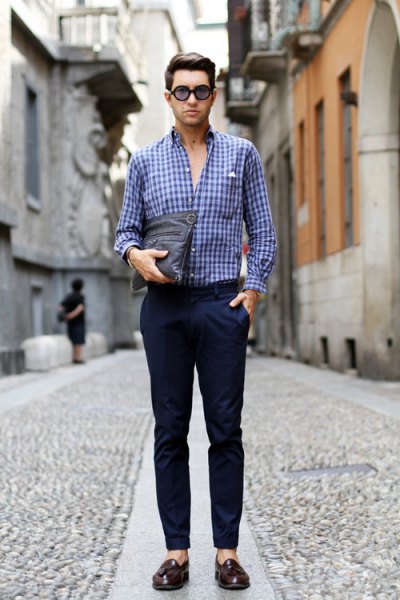 Checked blue shirt with dark blue slim fitting chinos and slippers