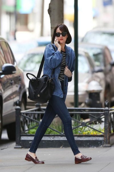 blue denim jacket with striped t-shirt and slippers
