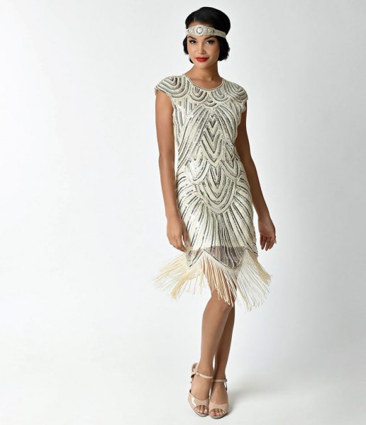 Rose gold and white sequin fringe mini dress with pink open toe heels