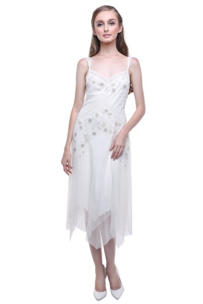 White Floral Embroidered Plunging Midi Chiffon Flapper Dress
