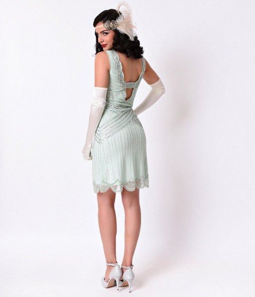 Flapper dress with low back and white heels