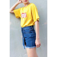 T-shirt with yellow print and blue skort