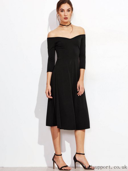 Black strapless midi dress with zip closure and collar