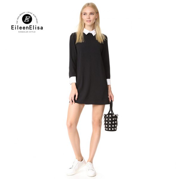 Mini dress with black zipper and white shirt with buttons