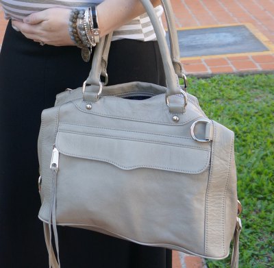 light pink soft leather handbag with gray and white striped t-shirt