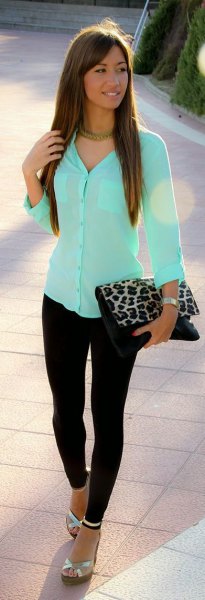 Mint green slim fit button down shirt and leopard print clutch