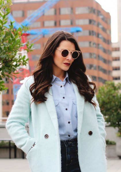 Mint green chambray shirt with white longline coat