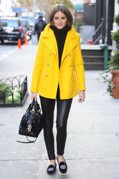yellow oversized blazer coat with black turtleneck